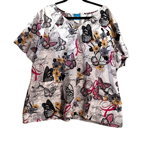 Butterfly & Floral Pattern Womens Scrub Top 3XL By Scrub H.Q. 100% Cotton - Picture 1 of 8